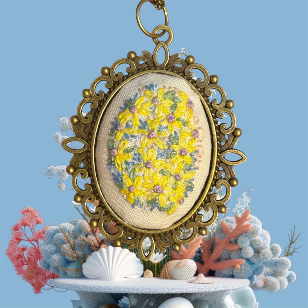 Handmade Yellow & Blue Embroidery Necklace Bouquet Design